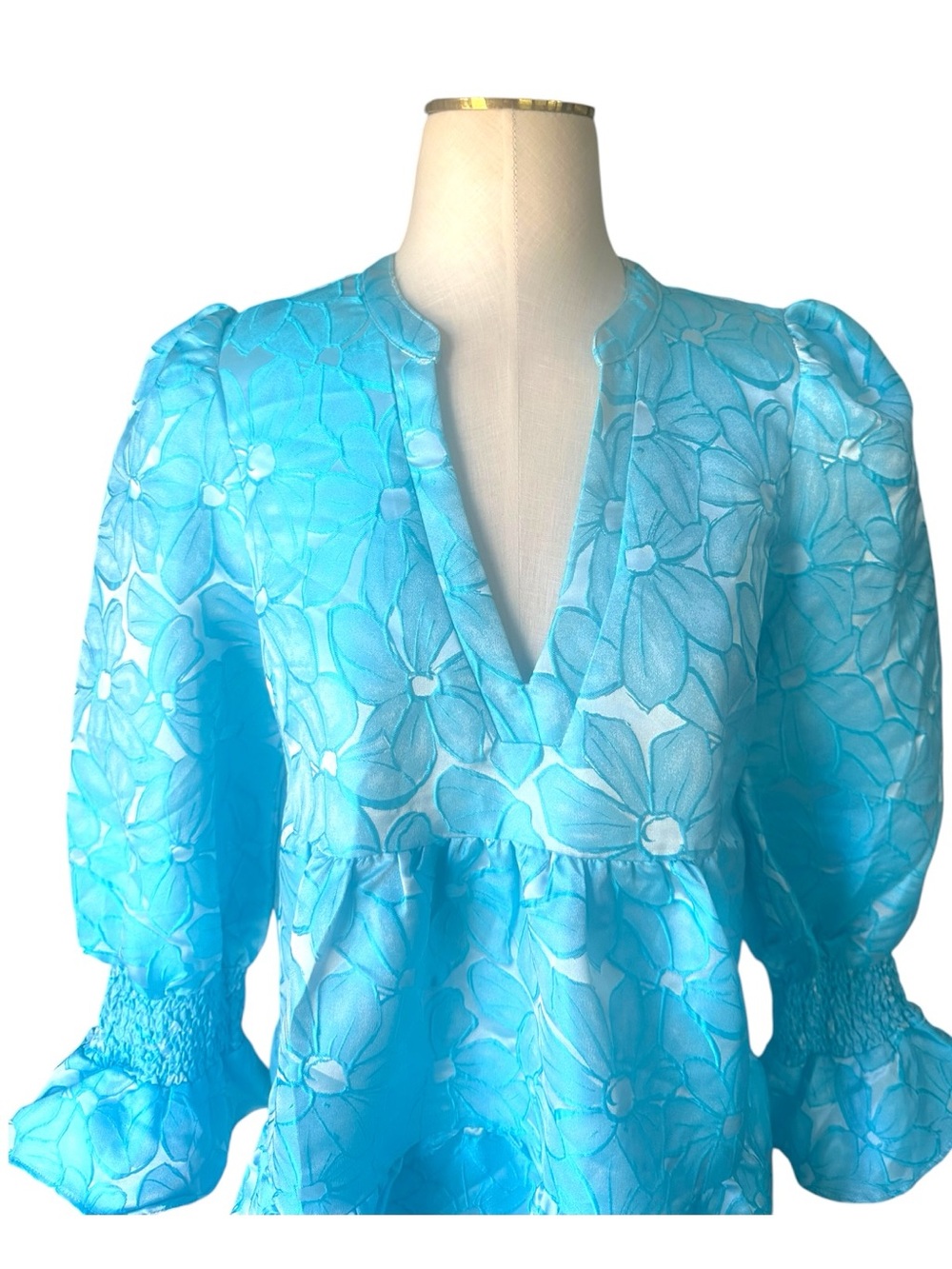 NWT Pomander Place Blue Floral Puff Sleeve Tiered Mini Dress Medium - Picture 9 of 12